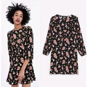 ZARA The Sandy Chiffon Shift Dress Floral Size Small Mini Ruffled Black Pink
